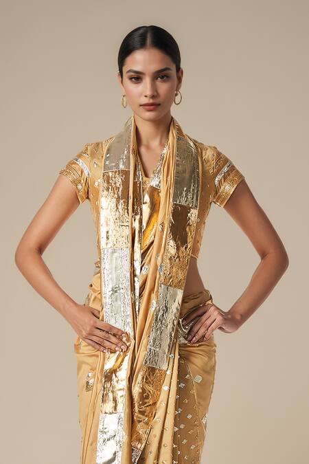 Shop Gulabo By Abu Sandeep Beige Modal, Chanderi Gota Patti Diamond Work Embroidered Saree Online at Aza Fashions Shop_Gulabo By Abu Sandeep_Beige Modal, Chanderi Gota Patti Diamond Work Embroidered Saree _Online_at_Aza_Fashions