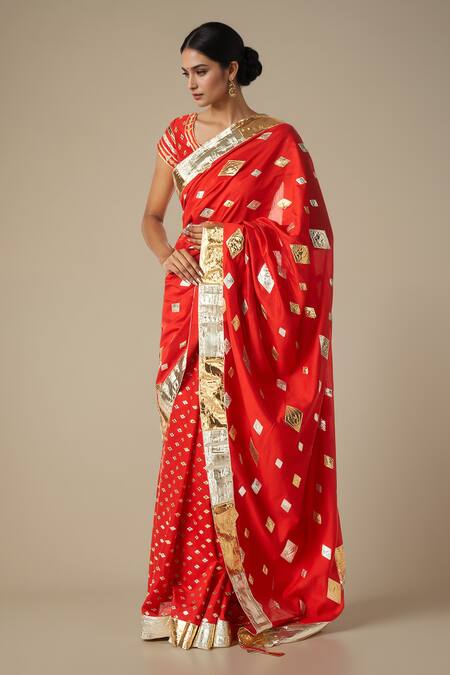 Gulabo By Abu Sandeep Red Modal, Chanderi Gota Patti Diamond Lace Embroidered Saree Online at Aza Fashions Gulabo By Abu Sandeep_Red Modal, Chanderi Gota Patti Diamond Lace Embroidered Saree _Online_at_Aza_Fashions