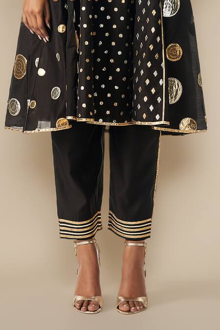 Gulabo By Abu Sandeep Black Modal, Chanderi Gota Patti, Embroidery Geometric Lace Kurta With Pant Online at Aza Fashions Gulabo By Abu Sandeep_Black Modal, Chanderi Gota Patti, Embroidery Geometric Lace Kurta With Pant _Online_at_Aza_Fashions