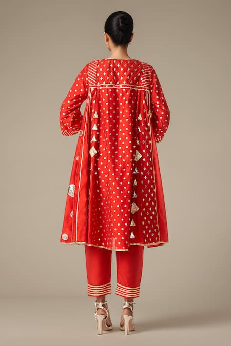Shop_Gulabo By Abu Sandeep_Red Modal, Chanderi Gota Patti, Embroidery Geometric Pattern Kurta With Pant _at_Aza_Fashions