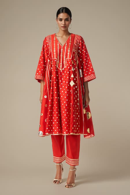 Shop_Gulabo By Abu Sandeep_Red Modal, Chanderi Gota Patti, Embroidery Geometric Pattern Kurta With Pant _Online_at_Aza_Fashions