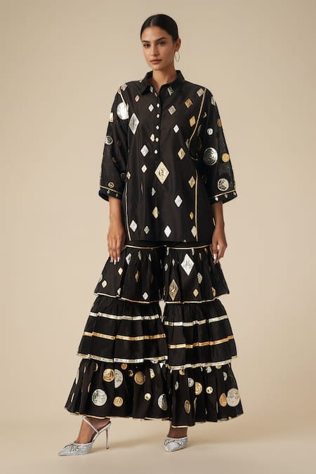 Gulabo by Abu Sandeep Black Modal Chanderi Embroidered Gota Lace Geometric Pattern Kurta With Gharara 