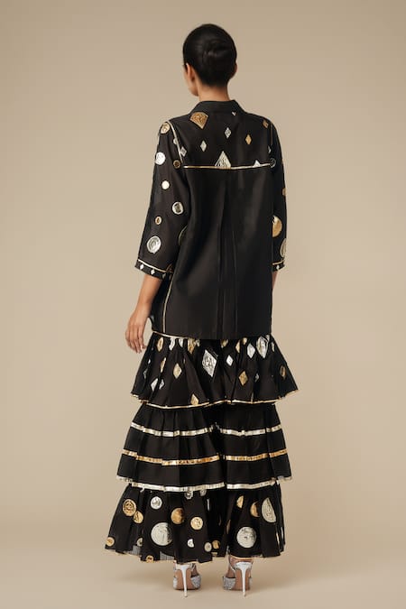 Shop_Gulabo By Abu Sandeep_Black Chanderi, Modal Gota Geometric Pattern Embroidered Kurta With Gharara _at_Aza_Fashions