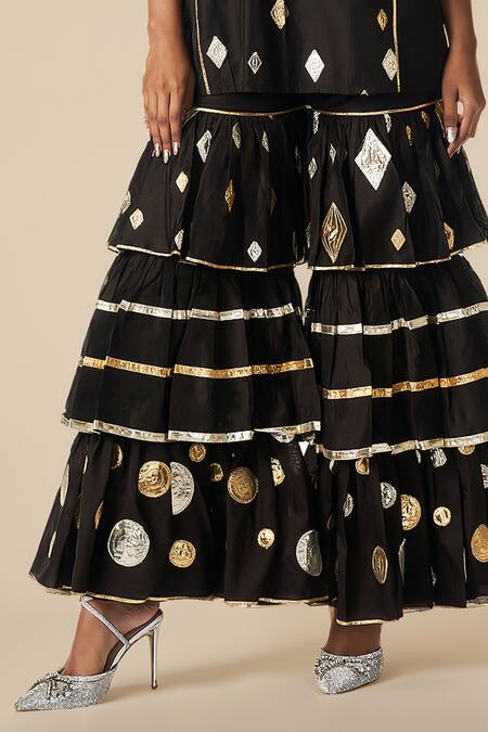 Gulabo By Abu Sandeep_Black Chanderi, Modal Gota Geometric Pattern Embroidered Kurta With Gharara _Online_at_Aza_Fashions