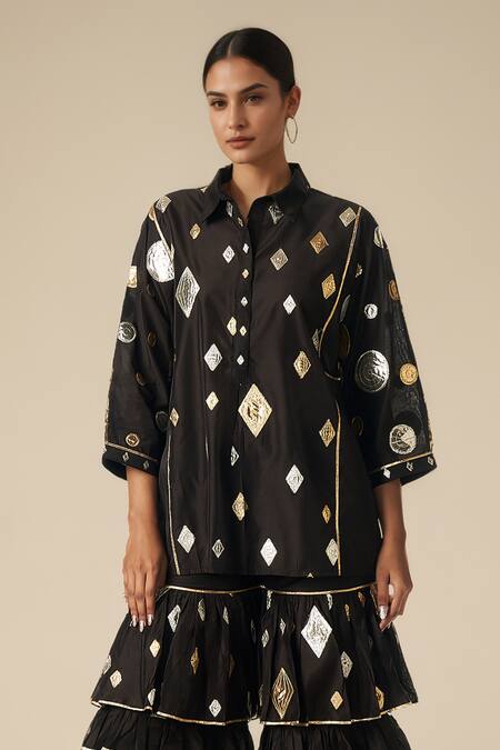 Buy_Gulabo By Abu Sandeep_Black Chanderi, Modal Gota Geometric Pattern Embroidered Kurta With Gharara _Online_at_Aza_Fashions