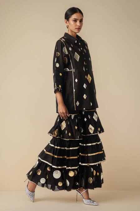 Shop_Gulabo By Abu Sandeep_Black Chanderi, Modal Gota Geometric Pattern Embroidered Kurta With Gharara _Online_at_Aza_Fashions