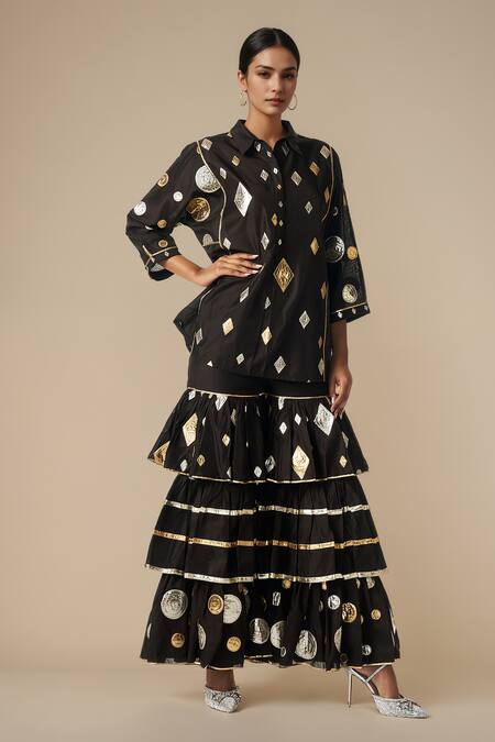 Gulabo By Abu Sandeep_Black Chanderi, Modal Gota Geometric Pattern Embroidered Kurta With Gharara _at_Aza_Fashions