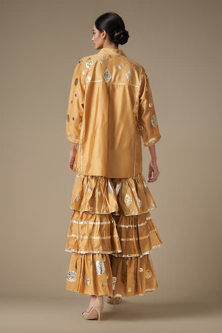 Shop Gulabo By Abu Sandeep Beige Chanderi, Modal Gota Patti Collared Lace Embroidered Kurta With Gharara at Aza Fashions Shop_Gulabo By Abu Sandeep_Beige Chanderi, Modal Gota Patti Collared Lace Embroidered Kurta With Gharara _at_Aza_Fashions