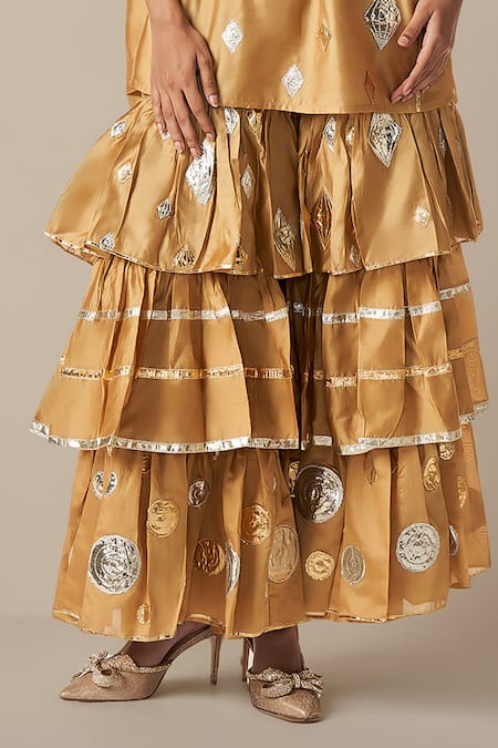 Gulabo By Abu Sandeep Beige Chanderi, Modal Gota Patti Collared Lace Embroidered Kurta With Gharara Online at Aza Fashions Gulabo By Abu Sandeep_Beige Chanderi, Modal Gota Patti Collared Lace Embroidered Kurta With Gharara _Online_at_Aza_Fashions