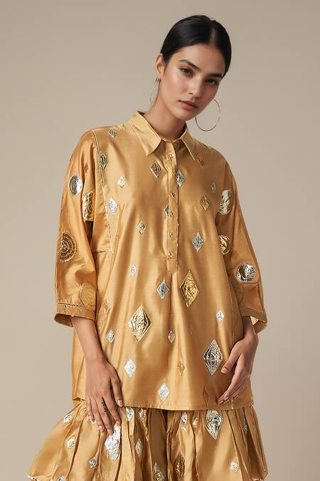 Buy Gulabo By Abu Sandeep Beige Chanderi, Modal Gota Patti Collared Lace Embroidered Kurta With Gharara Online at Aza Fashions Buy_Gulabo By Abu Sandeep_Beige Chanderi, Modal Gota Patti Collared Lace Embroidered Kurta With Gharara _Online_at_Aza_Fashions