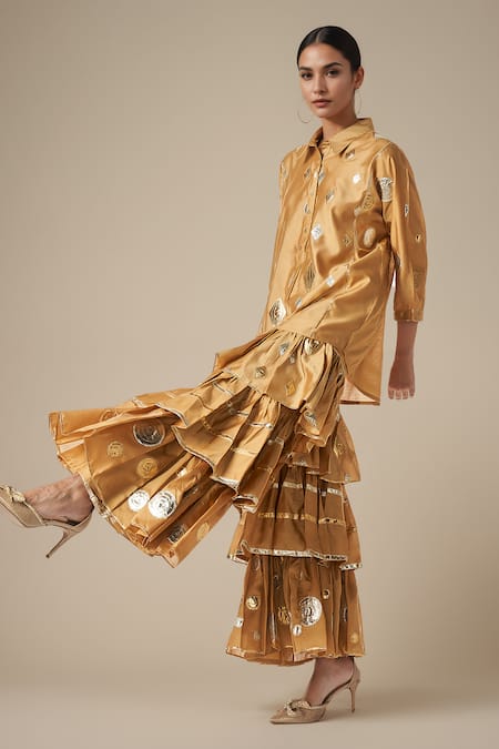 Shop Gulabo By Abu Sandeep Beige Chanderi, Modal Gota Patti Collared Lace Embroidered Kurta With Gharara Online at Aza Fashions Shop_Gulabo By Abu Sandeep_Beige Chanderi, Modal Gota Patti Collared Lace Embroidered Kurta With Gharara _Online_at_Aza_Fashions