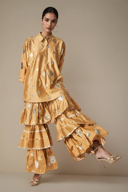 Gulabo By Abu Sandeep Beige Chanderi, Modal Gota Patti Collared Lace Embroidered Kurta With Gharara at Aza Fashions Gulabo By Abu Sandeep_Beige Chanderi, Modal Gota Patti Collared Lace Embroidered Kurta With Gharara _at_Aza_Fashions