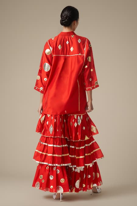 Shop Gulabo By Abu Sandeep Red Chanderi, Modal Gota Patti Collared Lace Work Kurta With Gharara at Aza Fashions Shop_Gulabo By Abu Sandeep_Red Chanderi, Modal Gota Patti Collared Lace Work Kurta With Gharara _at_Aza_Fashions