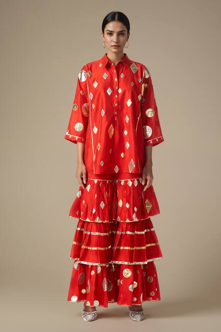 Gulabo By Abu Sandeep Red Chanderi, Modal Gota Patti Collared Lace Work Kurta With Gharara Online at Aza Fashions Gulabo By Abu Sandeep_Red Chanderi, Modal Gota Patti Collared Lace Work Kurta With Gharara _Online_at_Aza_Fashions