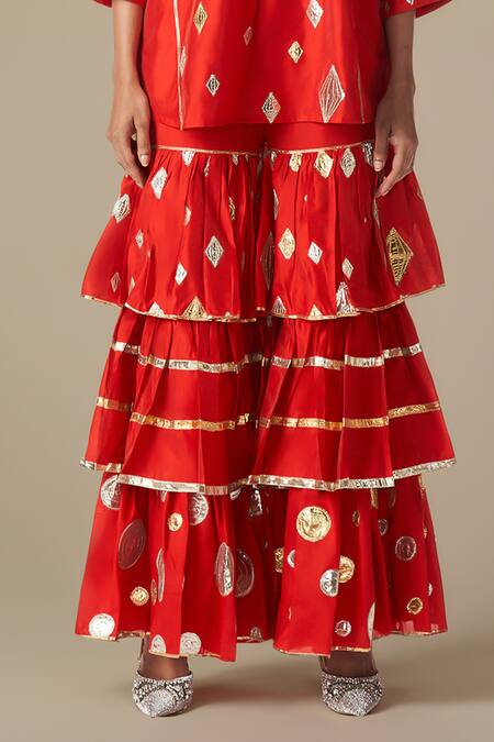 Buy Gulabo By Abu Sandeep Red Chanderi, Modal Gota Patti Collared Lace Work Kurta With Gharara Online at Aza Fashions Buy_Gulabo By Abu Sandeep_Red Chanderi, Modal Gota Patti Collared Lace Work Kurta With Gharara _Online_at_Aza_Fashions