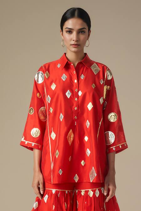 Shop Gulabo By Abu Sandeep Red Chanderi, Modal Gota Patti Collared Lace Work Kurta With Gharara Online at Aza Fashions Shop_Gulabo By Abu Sandeep_Red Chanderi, Modal Gota Patti Collared Lace Work Kurta With Gharara _Online_at_Aza_Fashions