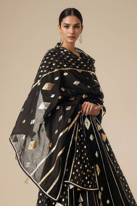 Shop Gulabo By Abu Sandeep Black Modal Chanderi Embroidered Gota Lace Diamond Work Dupatta Online at Aza Fashions Shop_Gulabo By Abu Sandeep_Black Modal Chanderi Embroidered Gota Lace Diamond Work Dupatta _Online_at_Aza_Fashions