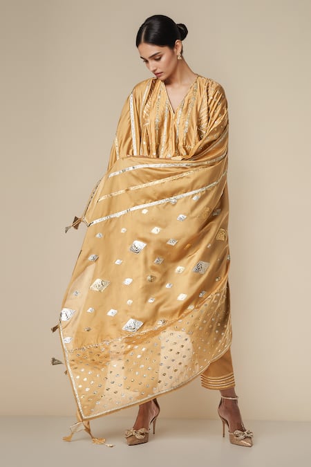 Gulabo by Abu Sandeep Beige Modal Chanderi Embroidered Gota Lace Dupatta 