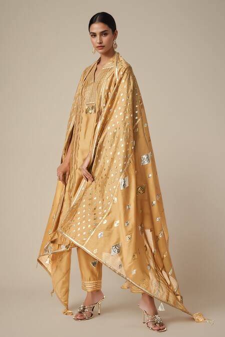 Shop Gulabo By Abu Sandeep Beige Modal Chanderi Embroidered Gota Lace Dupatta Online at Aza Fashions Shop_Gulabo By Abu Sandeep_Beige Modal Chanderi Embroidered Gota Lace Dupatta _Online_at_Aza_Fashions