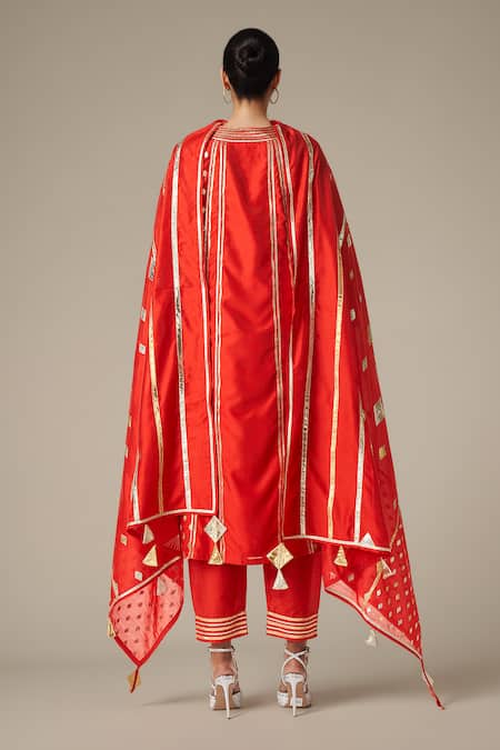 Shop Gulabo By Abu Sandeep Red Modal Chanderi Embroidered Gota Lace Work Dupatta at Aza Fashions Shop_Gulabo By Abu Sandeep_Red Modal Chanderi Embroidered Gota Lace Work Dupatta _at_Aza_Fashions