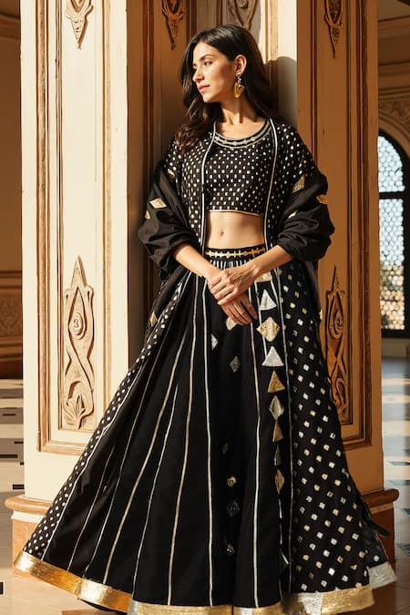 Gulabo by Abu Sandeep Black Modal Chanderi Embroidered Gota Lace Work Lehenga 