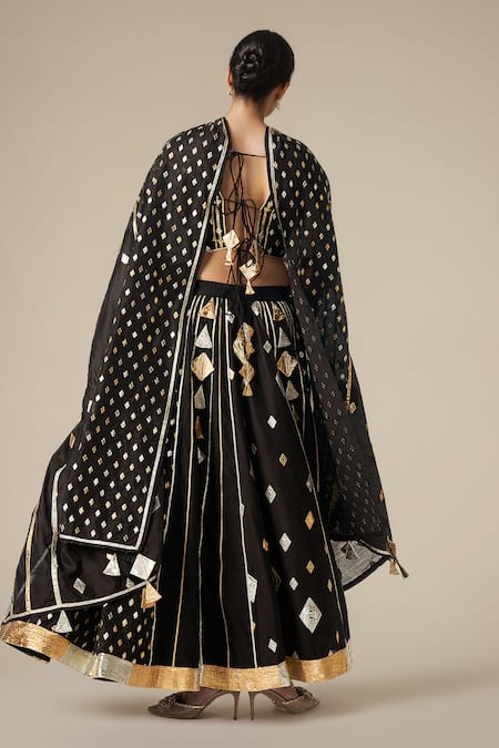 Shop Gulabo By Abu Sandeep Black Modal, Chanderi Gota Patti Lace Work Lehenga at Aza Fashions Shop_Gulabo By Abu Sandeep_Black Modal, Chanderi Gota Patti Lace Work Lehenga _at_Aza_Fashions