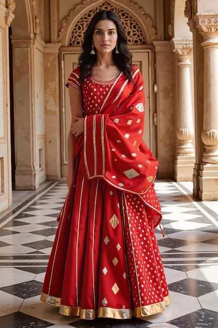 Gulabo by Abu Sandeep Red Modal Chanderi Embroidered Gota Lace Geometric Work Lehenga 