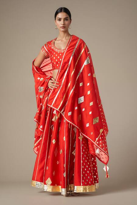 Gulabo By Abu Sandeep Red Modal, Chanderi Gota Patti Geometric Lace Work Lehenga Online at Aza Fashions Gulabo By Abu Sandeep_Red Modal, Chanderi Gota Patti Geometric Lace Work Lehenga _Online_at_Aza_Fashions