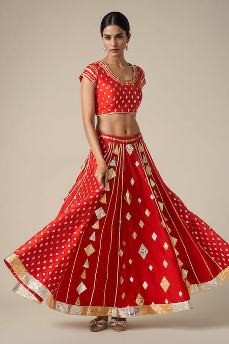 Shop Gulabo By Abu Sandeep Red Modal, Chanderi Gota Patti Geometric Lace Work Lehenga Online at Aza Fashions Shop_Gulabo By Abu Sandeep_Red Modal, Chanderi Gota Patti Geometric Lace Work Lehenga _Online_at_Aza_Fashions