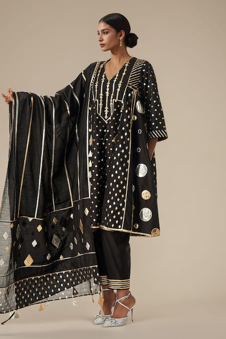 Gulabo by Abu Sandeep Black Modal Chanderi Embroidered Gota Lace Linear Work Dupatta 