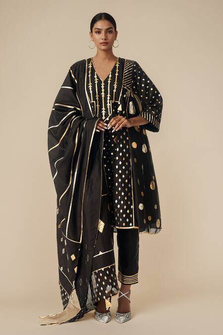 Buy Gulabo By Abu Sandeep Black Modal Chanderi Embroidered Gota Lace Linear Work Dupatta Online at Aza Fashions Buy_Gulabo By Abu Sandeep_Black Modal Chanderi Embroidered Gota Lace Linear Work Dupatta _Online_at_Aza_Fashions