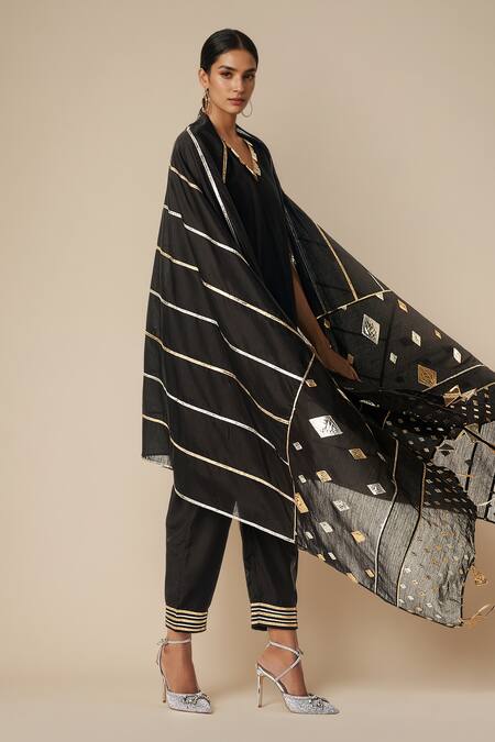 Shop Gulabo By Abu Sandeep Black Modal Chanderi Embroidered Gota Lace Linear Work Dupatta Online at Aza Fashions Shop_Gulabo By Abu Sandeep_Black Modal Chanderi Embroidered Gota Lace Linear Work Dupatta _Online_at_Aza_Fashions