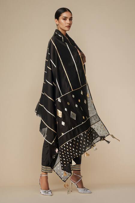 Gulabo By Abu Sandeep Black Modal Chanderi Embroidered Gota Lace Linear Work Dupatta at Aza Fashions Gulabo By Abu Sandeep_Black Modal Chanderi Embroidered Gota Lace Linear Work Dupatta _at_Aza_Fashions