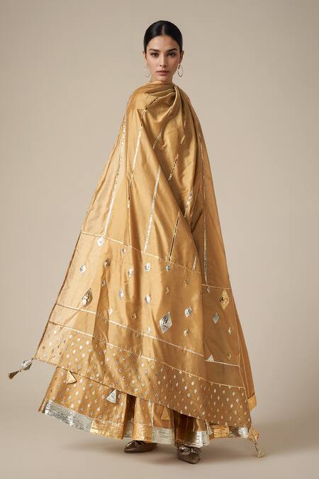 Buy Gulabo By Abu Sandeep Beige Modal Chanderi Embroidered Gota Lace Linear Dupatta Online at Aza Fashions Buy_Gulabo By Abu Sandeep_Beige Modal Chanderi Embroidered Gota Lace Linear Dupatta _Online_at_Aza_Fashions