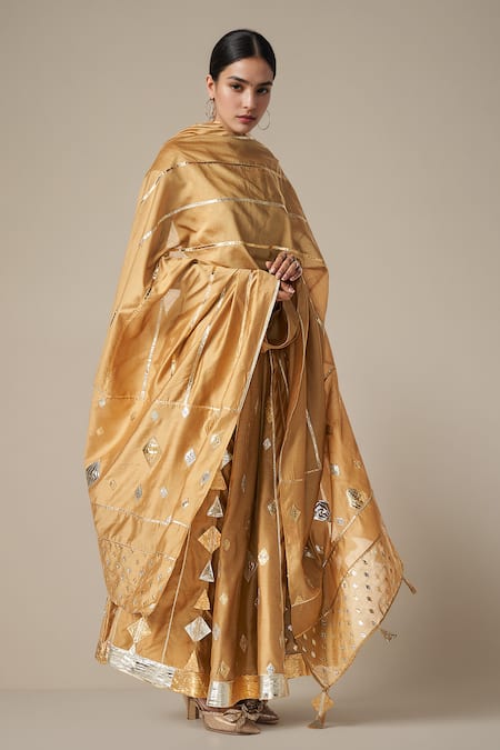 Shop Gulabo By Abu Sandeep Beige Modal Chanderi Embroidered Gota Lace Linear Dupatta Online at Aza Fashions Shop_Gulabo By Abu Sandeep_Beige Modal Chanderi Embroidered Gota Lace Linear Dupatta _Online_at_Aza_Fashions