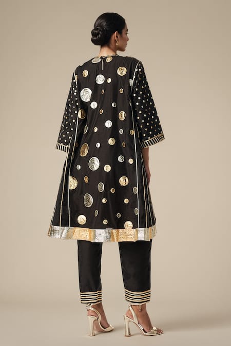 Shop Gulabo By Abu Sandeep Black Modal, Chanderi Gota Patti Round Neck Embroidered Kurta Pant Set at Aza Fashions Shop_Gulabo By Abu Sandeep_Black Modal, Chanderi Gota Patti Round Neck Embroidered Kurta Pant Set _at_Aza_Fashions