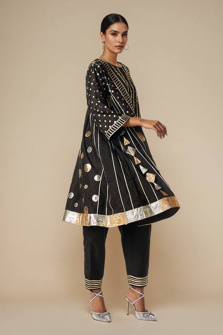 Shop Gulabo By Abu Sandeep Black Modal, Chanderi Gota Patti Round Neck Embroidered Kurta Pant Set Online at Aza Fashions Shop_Gulabo By Abu Sandeep_Black Modal, Chanderi Gota Patti Round Neck Embroidered Kurta Pant Set _Online_at_Aza_Fashions