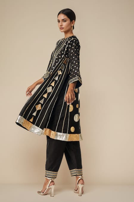 Gulabo By Abu Sandeep Black Modal, Chanderi Gota Patti Round Neck Embroidered Kurta Pant Set at Aza Fashions Gulabo By Abu Sandeep_Black Modal, Chanderi Gota Patti Round Neck Embroidered Kurta Pant Set _at_Aza_Fashions