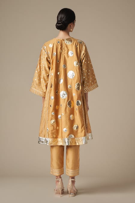 Shop Gulabo By Abu Sandeep Beige Modal, Chanderi Gota Patti Round Neck Work Kurta Pant Set at Aza Fashions Shop_Gulabo By Abu Sandeep_Beige Modal, Chanderi Gota Patti Round Neck Work Kurta Pant Set _at_Aza_Fashions