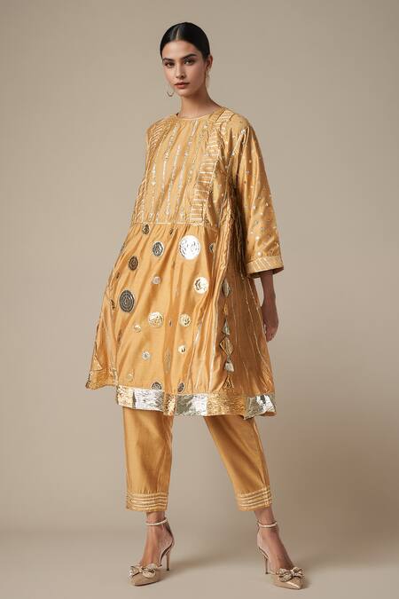 Buy Gulabo By Abu Sandeep Beige Modal, Chanderi Gota Patti Round Neck Work Kurta Pant Set Online at Aza Fashions Buy_Gulabo By Abu Sandeep_Beige Modal, Chanderi Gota Patti Round Neck Work Kurta Pant Set _Online_at_Aza_Fashions