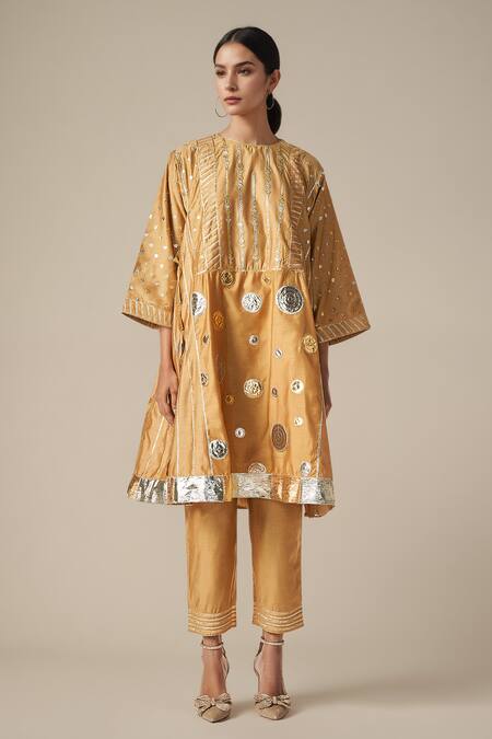 Shop Gulabo By Abu Sandeep Beige Modal, Chanderi Gota Patti Round Neck Work Kurta Pant Set Online at Aza Fashions Shop_Gulabo By Abu Sandeep_Beige Modal, Chanderi Gota Patti Round Neck Work Kurta Pant Set _Online_at_Aza_Fashions