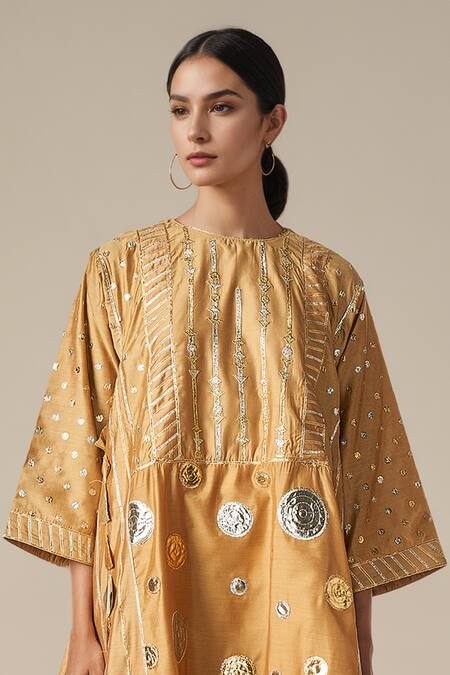 Gulabo By Abu Sandeep Beige Modal, Chanderi Gota Patti Round Neck Work Kurta Pant Set at Aza Fashions Gulabo By Abu Sandeep_Beige Modal, Chanderi Gota Patti Round Neck Work Kurta Pant Set _at_Aza_Fashions