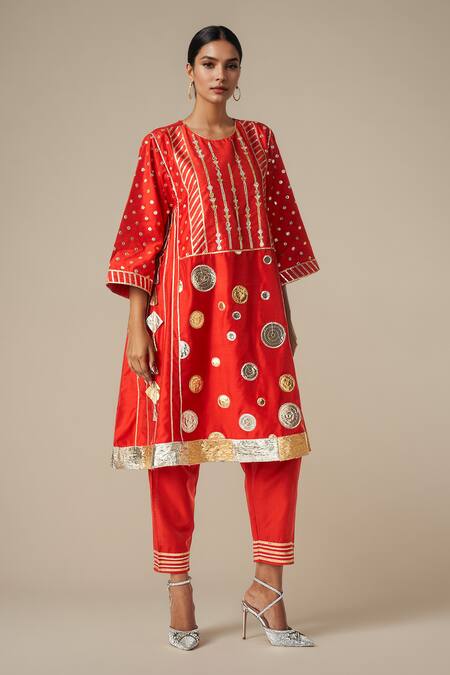 Gulabo By Abu Sandeep Red Modal, Chanderi Gota Patti, Embroidery Round Neck Kurta Set Online at Aza Fashions Gulabo By Abu Sandeep_Red Modal, Chanderi Gota Patti, Embroidery Round Neck Kurta Set _Online_at_Aza_Fashions