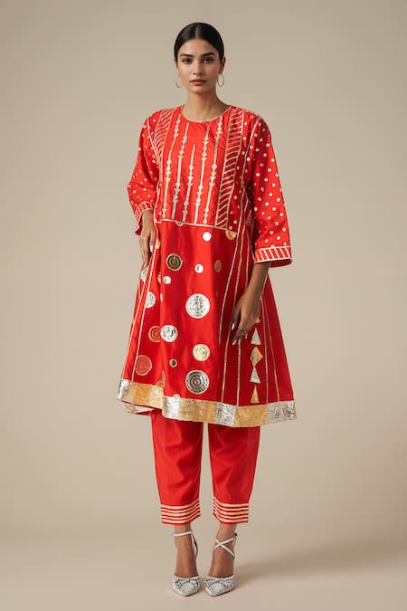 Buy Gulabo By Abu Sandeep Red Modal, Chanderi Gota Patti, Embroidery Round Neck Kurta Set Online at Aza Fashions Buy_Gulabo By Abu Sandeep_Red Modal, Chanderi Gota Patti, Embroidery Round Neck Kurta Set _Online_at_Aza_Fashions