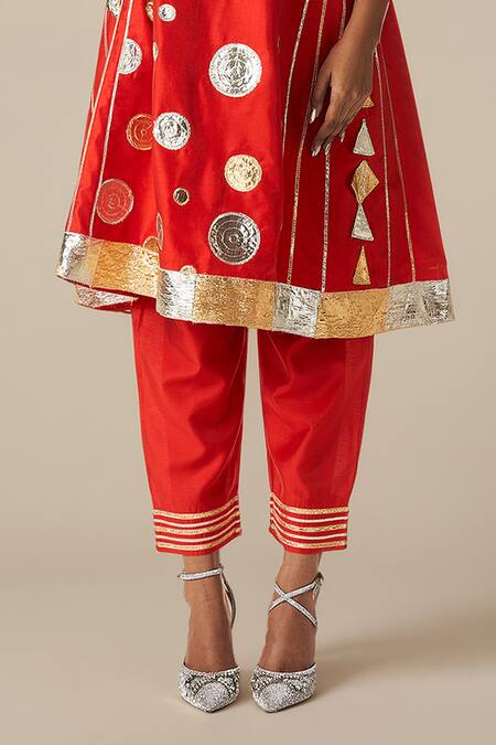 Shop Gulabo By Abu Sandeep Red Modal, Chanderi Gota Patti, Embroidery Round Neck Kurta Set Online at Aza Fashions Shop_Gulabo By Abu Sandeep_Red Modal, Chanderi Gota Patti, Embroidery Round Neck Kurta Set _Online_at_Aza_Fashions