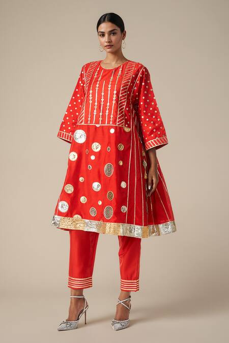 Buy Gulabo By Abu Sandeep Red Modal, Chanderi Gota Patti, Embroidery Round Neck Kurta Set Buy_Gulabo By Abu Sandeep_Red Modal, Chanderi Gota Patti, Embroidery Round Neck Kurta Set