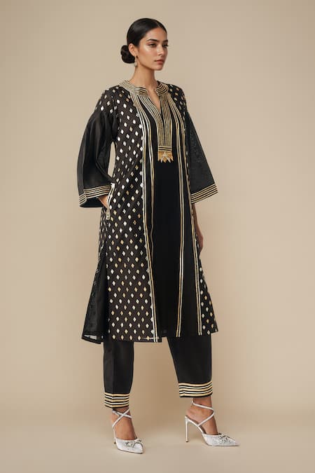 Gulabo by Abu Sandeep Black Modal Chanderi Embroidered Gota Notched Straight Kurta Pant Set 