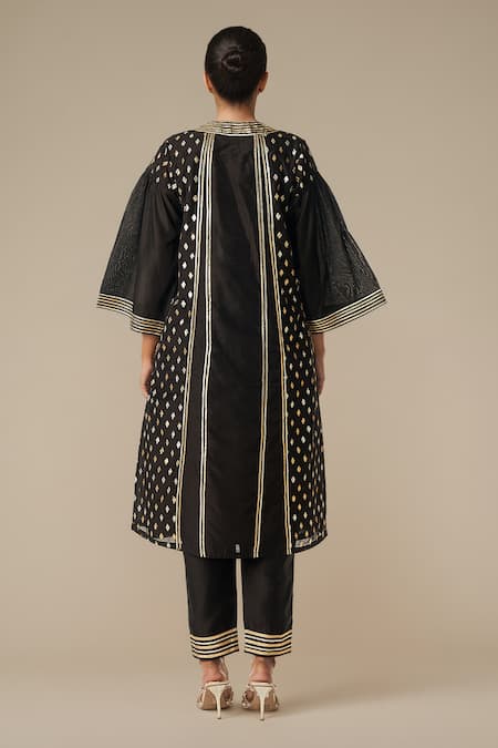 Shop_Gulabo By Abu Sandeep_Black Modal, Chanderi Gota Patti Split Embroidered Straight Kurta Pant Set _at_Aza_Fashions