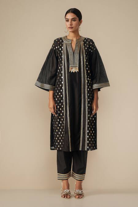 Gulabo By Abu Sandeep_Black Modal, Chanderi Gota Patti Split Embroidered Straight Kurta Pant Set _at_Aza_Fashions