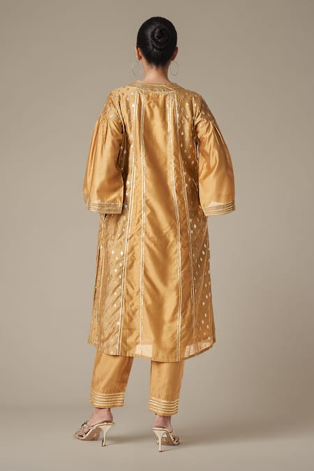 Shop_Gulabo By Abu Sandeep_Beige Modal, Chanderi Gota Patti Split V-neck Embroidered Straight Kurta Set _at_Aza_Fashions